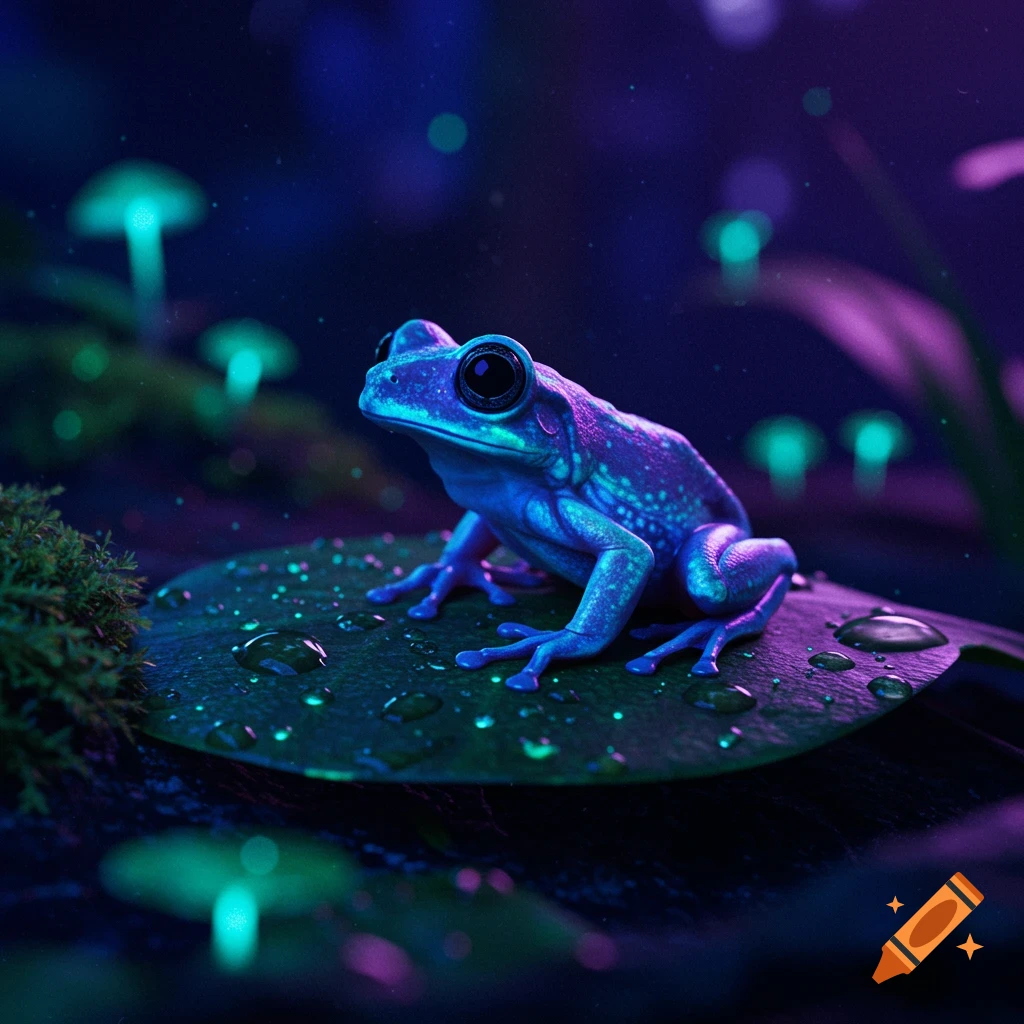 A luminous blue and purple frog sits on a leaf with water droplets, surrounded by glowing teal mushrooms and foliage in a dark, fantastical setting.