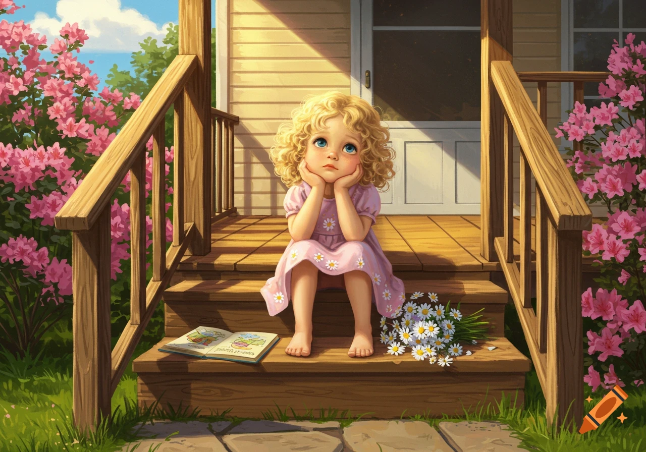 Illustrated young blonde girl with curly hair looking bored, sitting on wooden porch steps with pink flowers, a book, and daisies.
