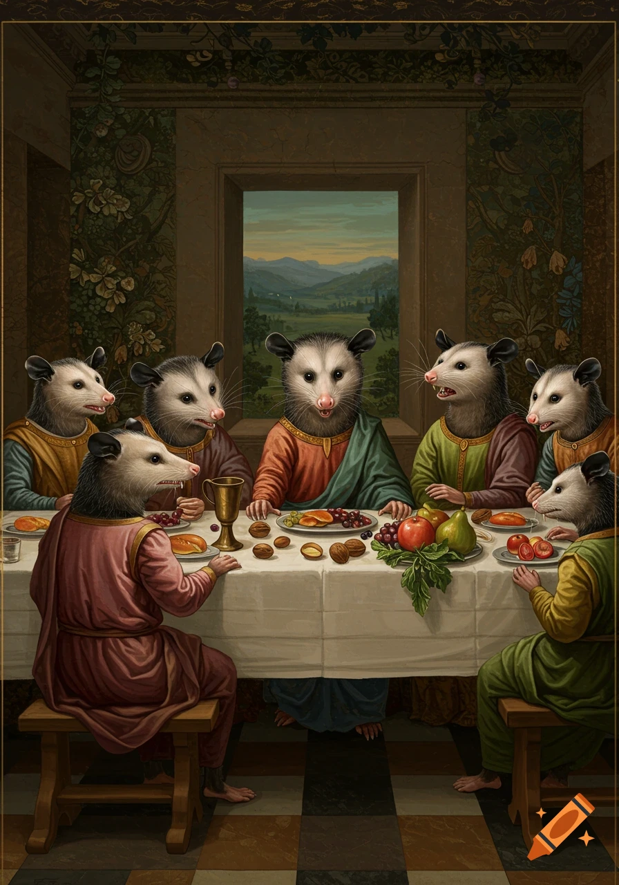 Possums gathered at a long table for a supper, depicted in the style of a Renaissance painting.