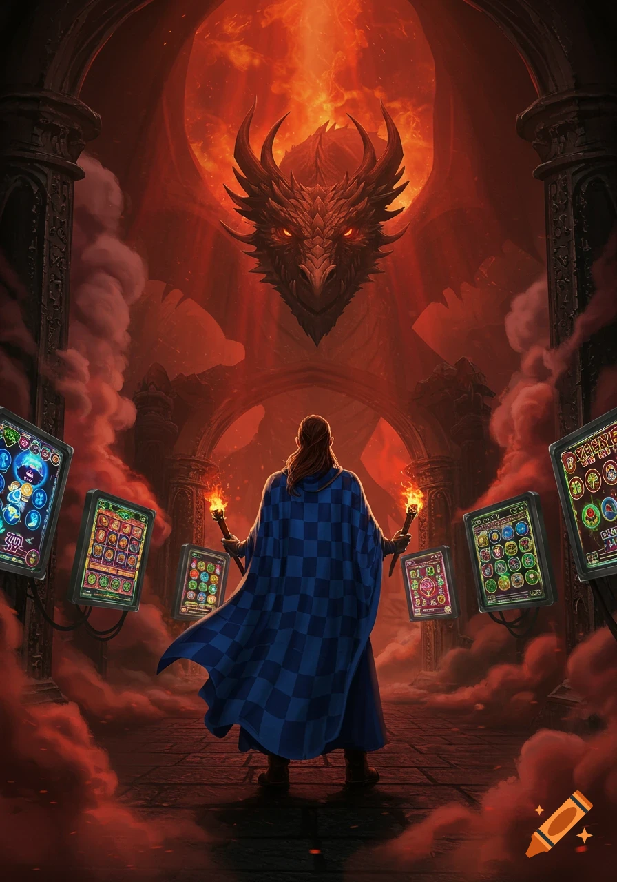 A wizard in a blue checkered cloak stands in a fiery, smoky dungeon, facing a massive dragon head, surrounded by floating slot machine screens.