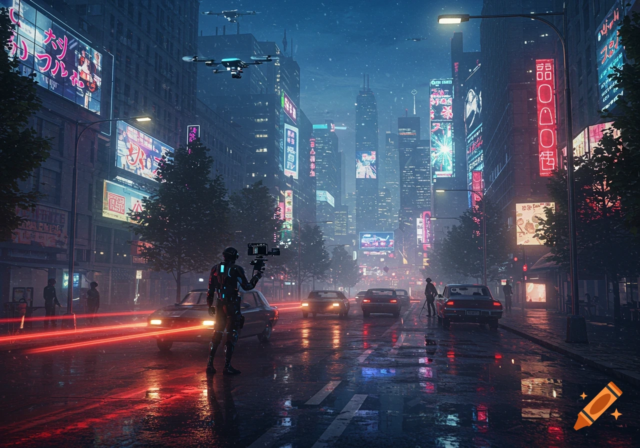 A dark, futuristic city street at night, illuminated by neon signs and streetlights. A robot-like figure stands in the foreground, holding a device, with cars and drones visible.