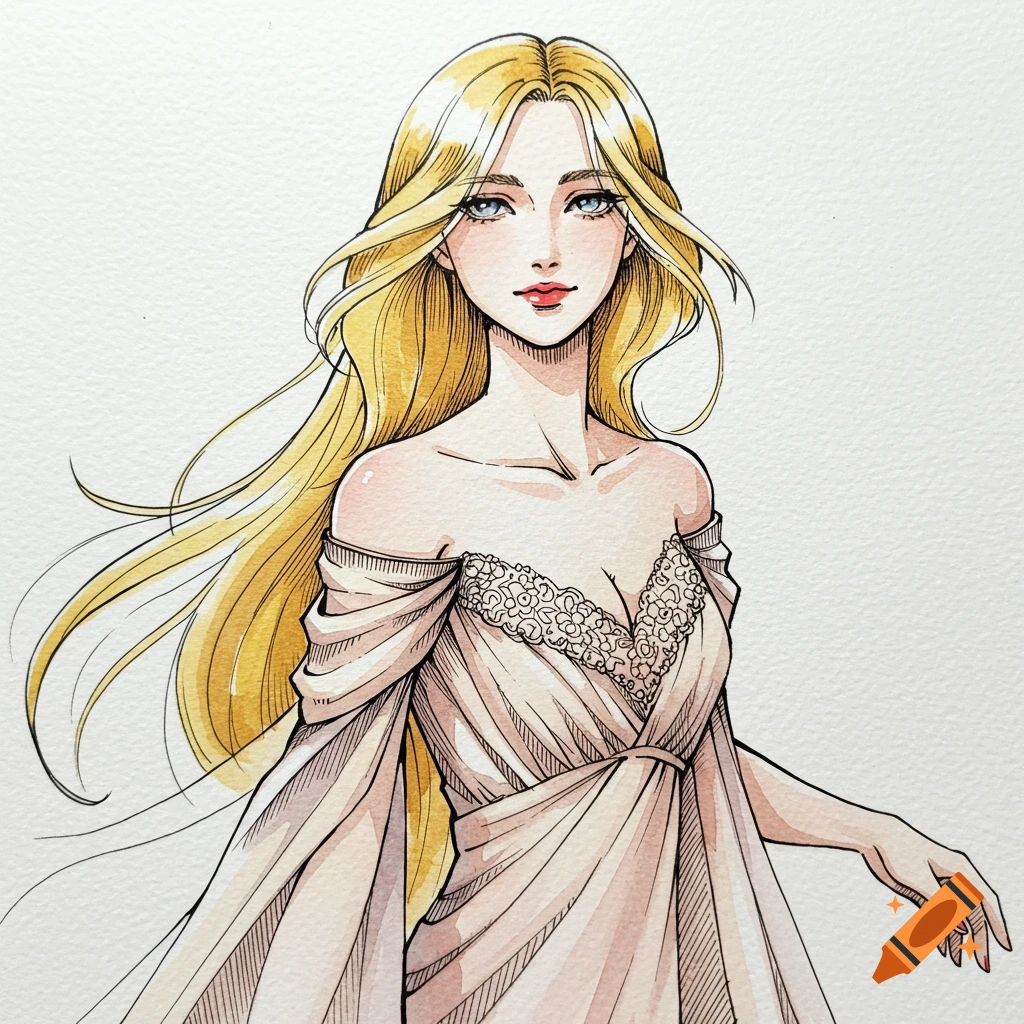 An anime illustration of an elegant blonde woman with long flowing hair, wearing an off-shoulder dress with lace details, drawn in watercolor and ink on a white background.