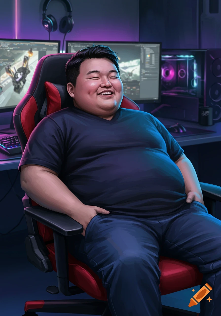 An illustration of a smiling man with his eyes closed, sitting in a red and black gaming chair in front of computer monitors.