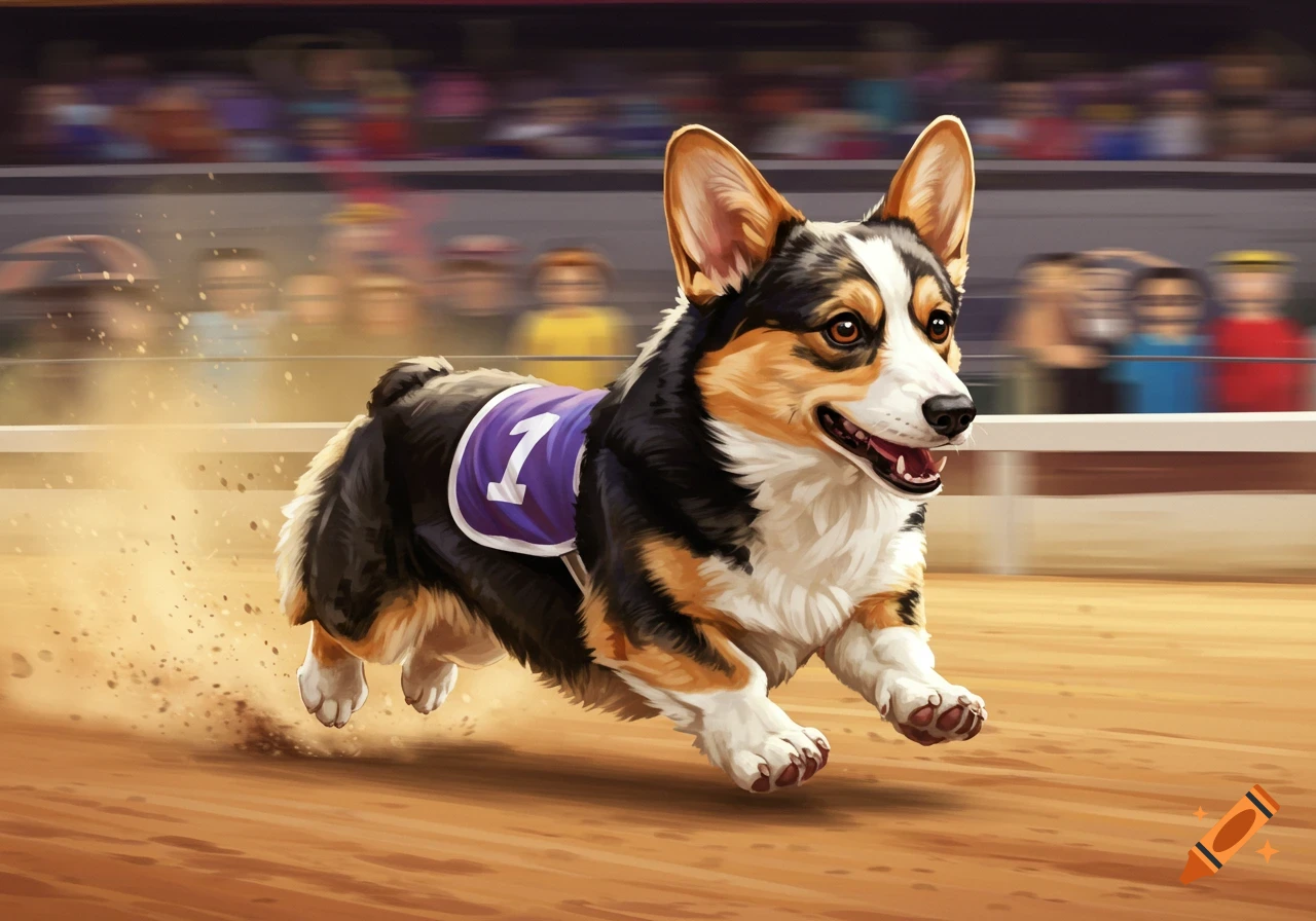 Tricolored corgi wearing a purple bib with '1' runs on a dirt track during a dog race, illustrated.