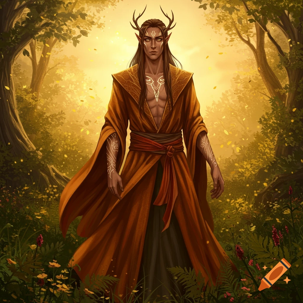 Regal antlered elf male in an open amber robe stands in a sunlit forest with falling yellow leaves.