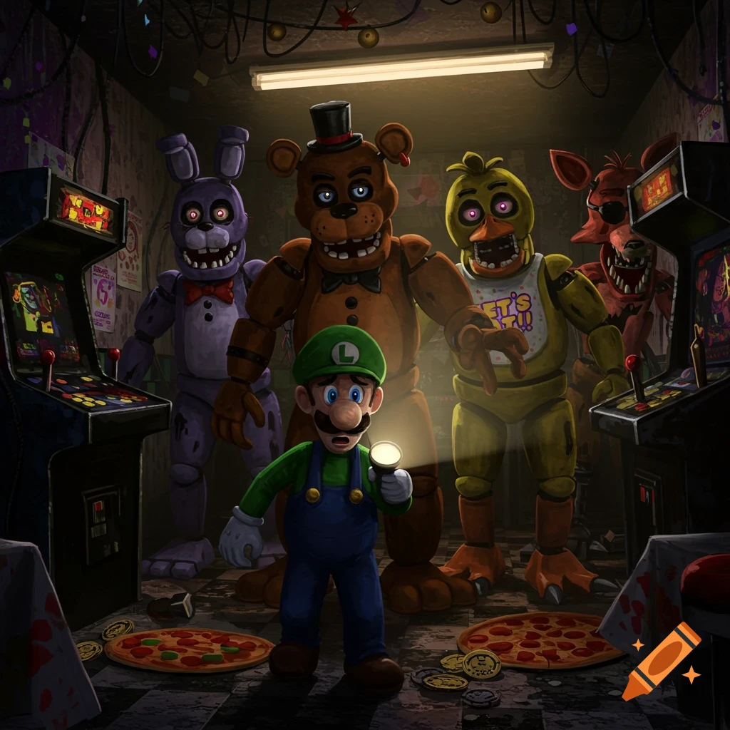 Luigi holding a flashlight, looking scared as he is surrounded by Freddy Fazbear, Bonnie, Chica, and Foxy in a dimly lit arcade room with pizza on the floor, in a digital art style.