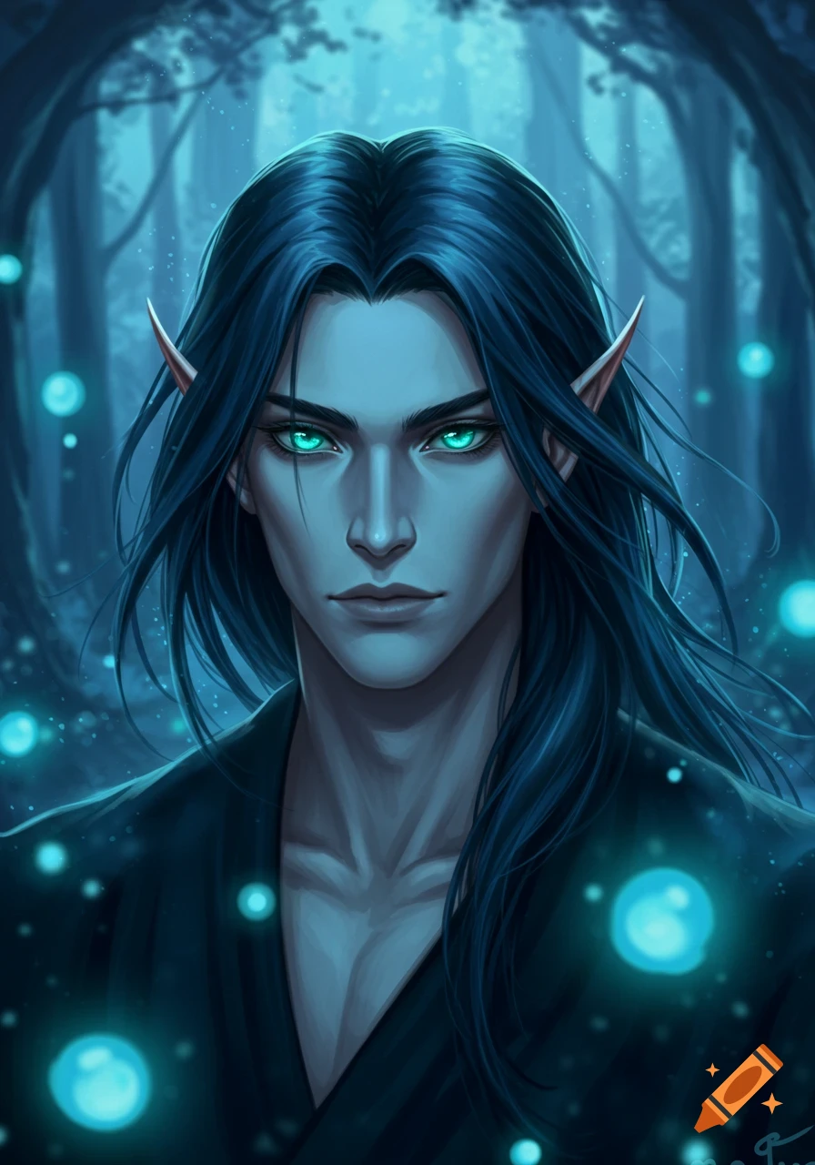 A portrait of a blue-skinned man with long dark hair, pointy ears, and glowing green eyes, in a dark forest with glowing blue orbs, digital illustration.
