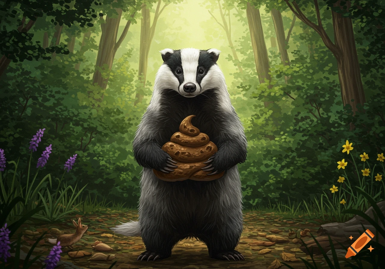 A proud badger stands in a forest, holding a large, sculpted pile of feces like a trophy.