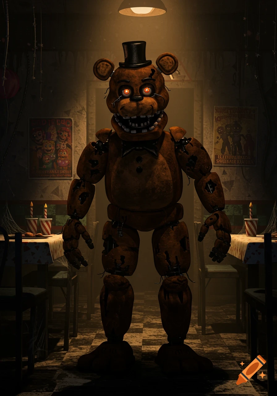 A creepy, dilapidated Freddy Fazbear animatronic stands menacingly in a dimly lit, rundown room with cobwebs and posters.