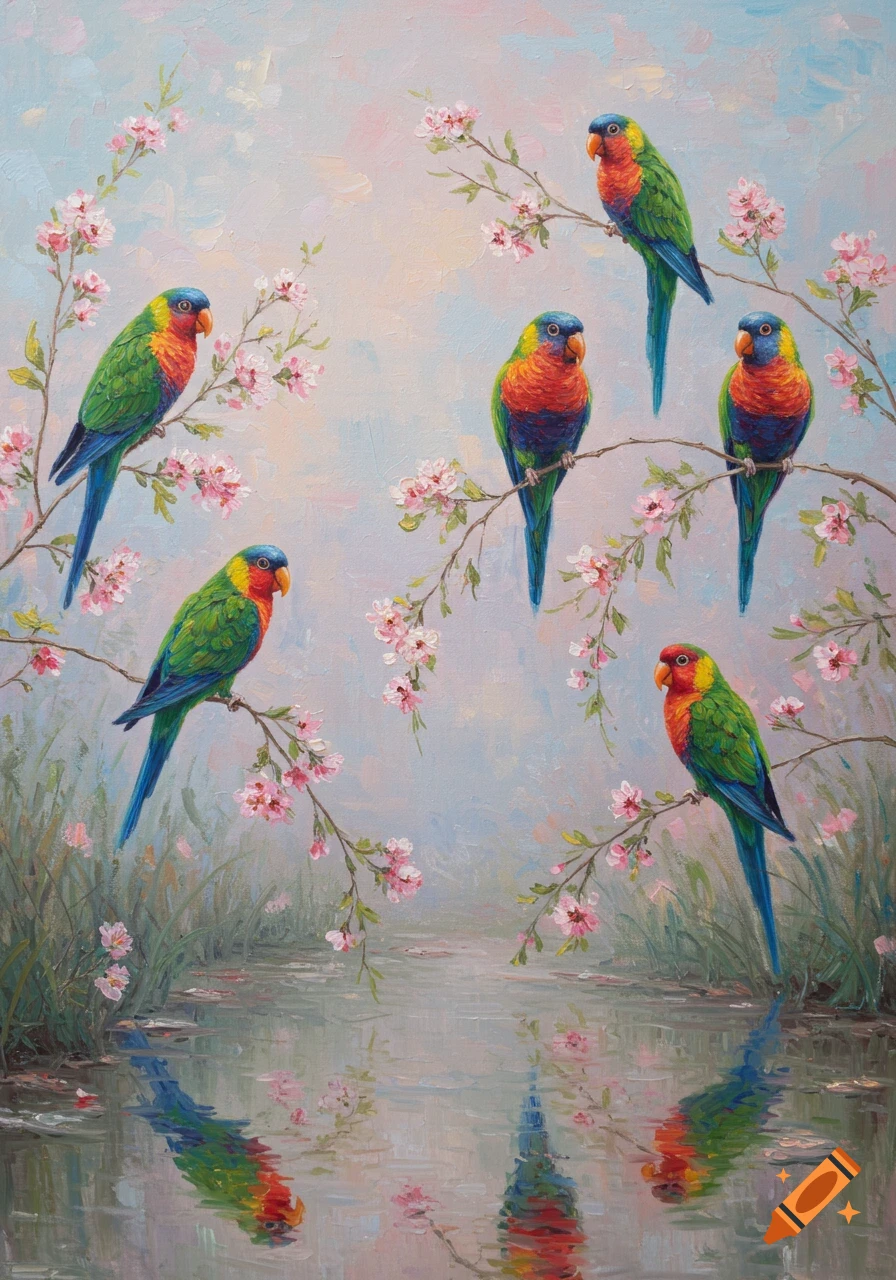 An impressionistic painting of six colorful parrots perched on flowering branches above a body of water, with reflections.