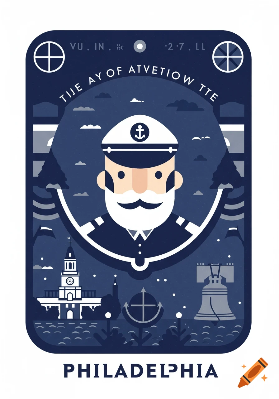 A stylized illustration of a bearded captain in a uniform with an anchor on his hat, set against a dark blue background with the Philadelphia skyline featuring the Liberty Bell and Independence Hall. Text at the bottom reads "PHILADELPHIA."