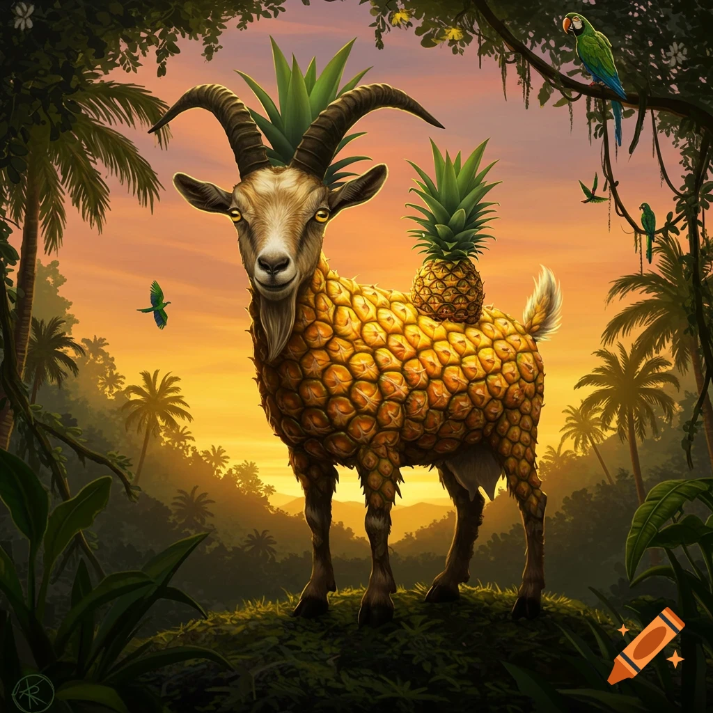 A majestic pineapple-bodied goat stands in a lush tropical jungle at sunset, with birds flying and perched.