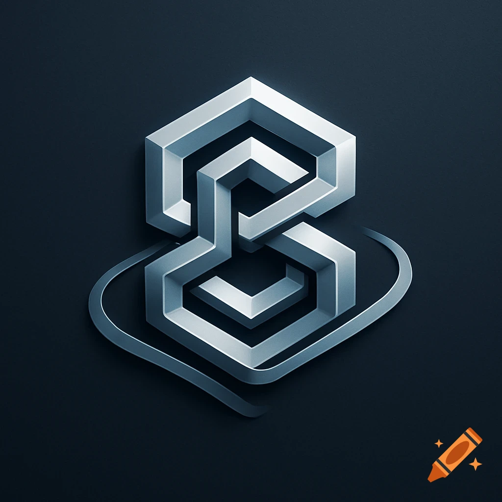 A shiny metallic silver and gray 3D abstract geometric logo resembling the number eight or the letter 'S' on a dark background.