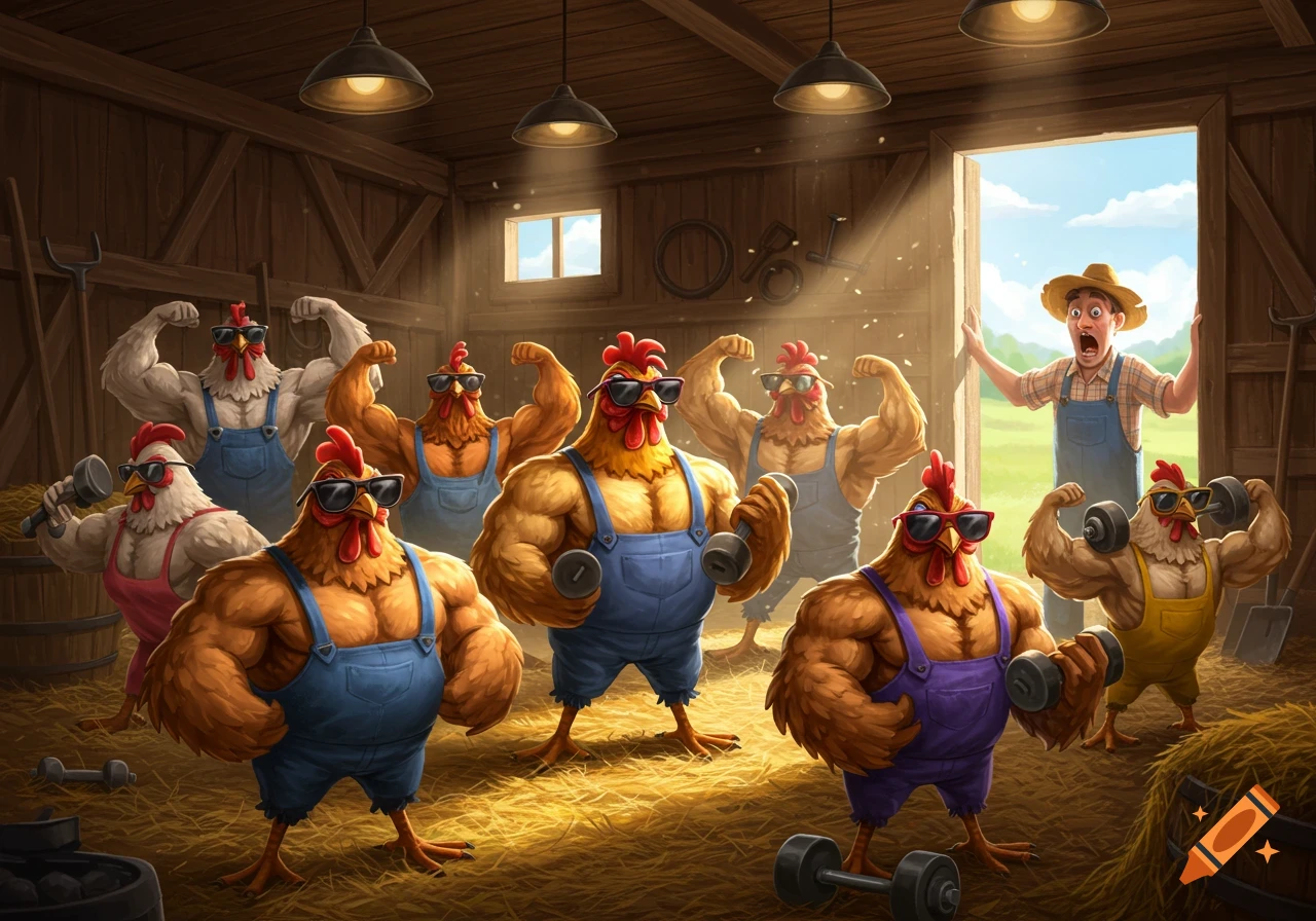 Cartoon image of muscular chickens in overalls and sunglasses lifting dumbbells in a barn, as a shocked farmer watches.