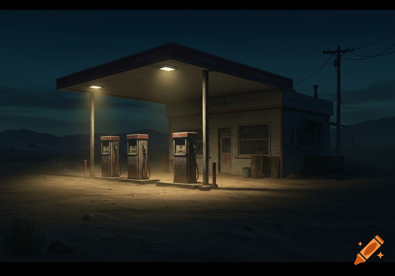 A lonely, dusty gas station lit by overhead lights at night in a desolate landscape.