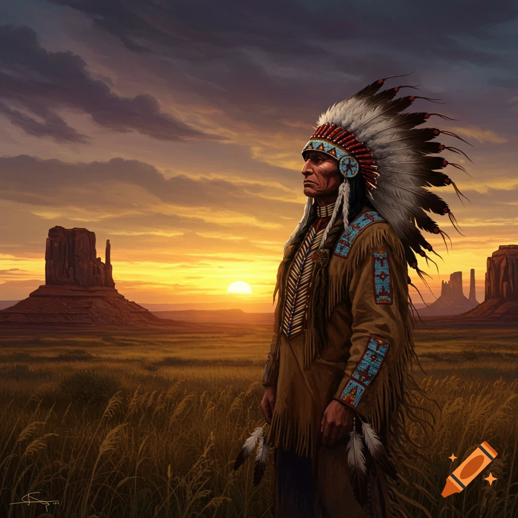 A dignified Native American tribal chief in traditional regalia stands in a vast desert landscape at sunset, digital painting.