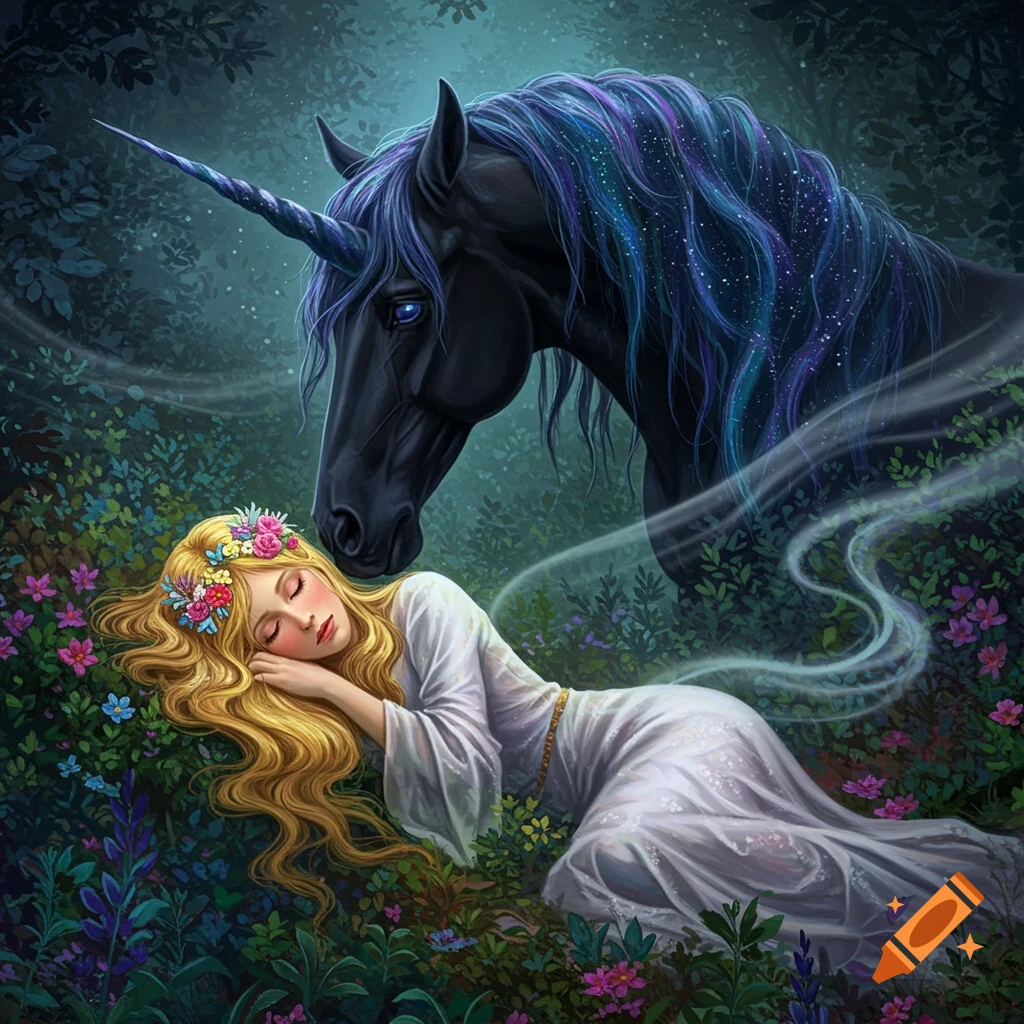 A blonde woman sleeps in a flower-filled forest watched by a dark unicorn with a blue mane. Fantasy art.