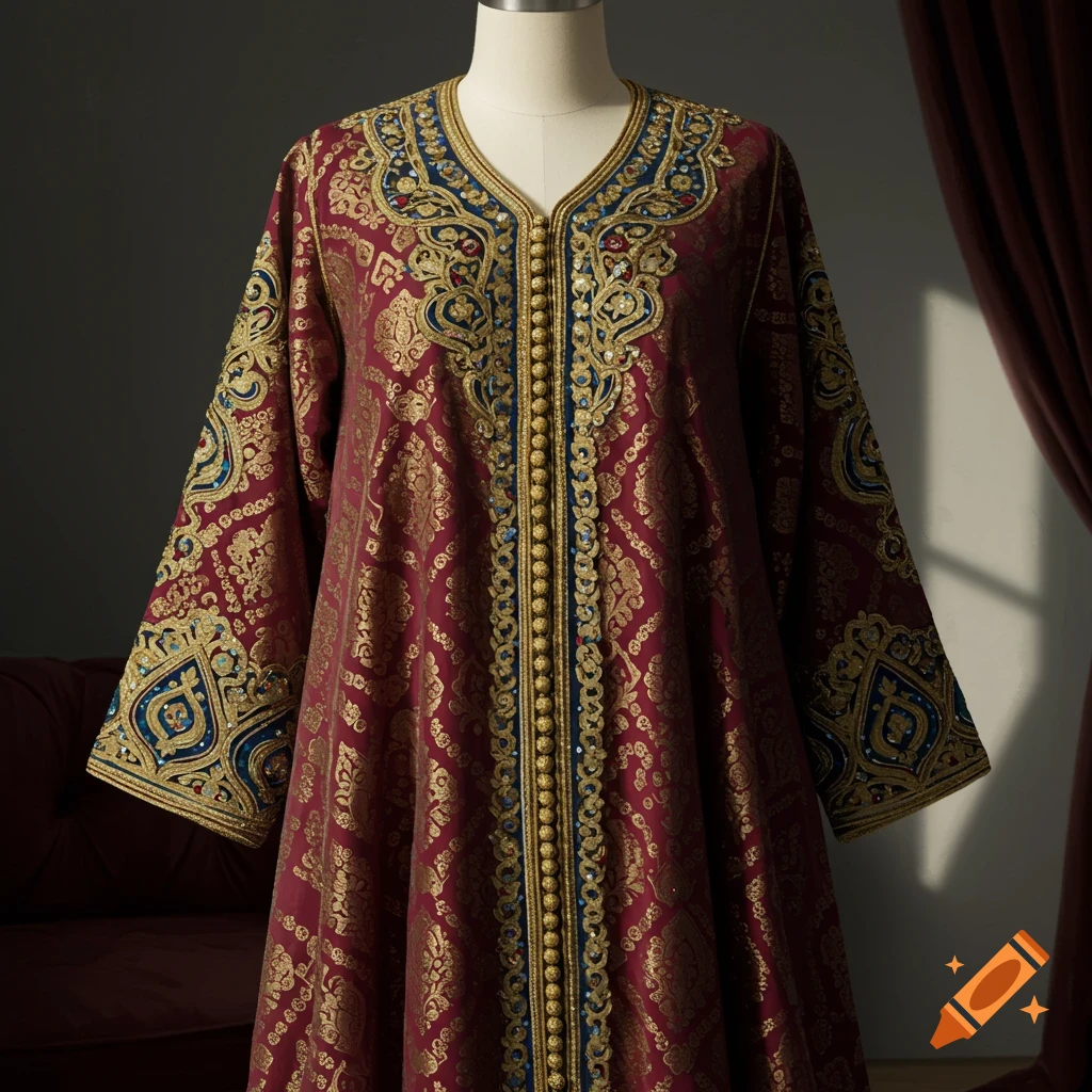 Photorealistic image of an intricately embroidered maroon caftan with gold and blue patterns on a mannequin in a room.