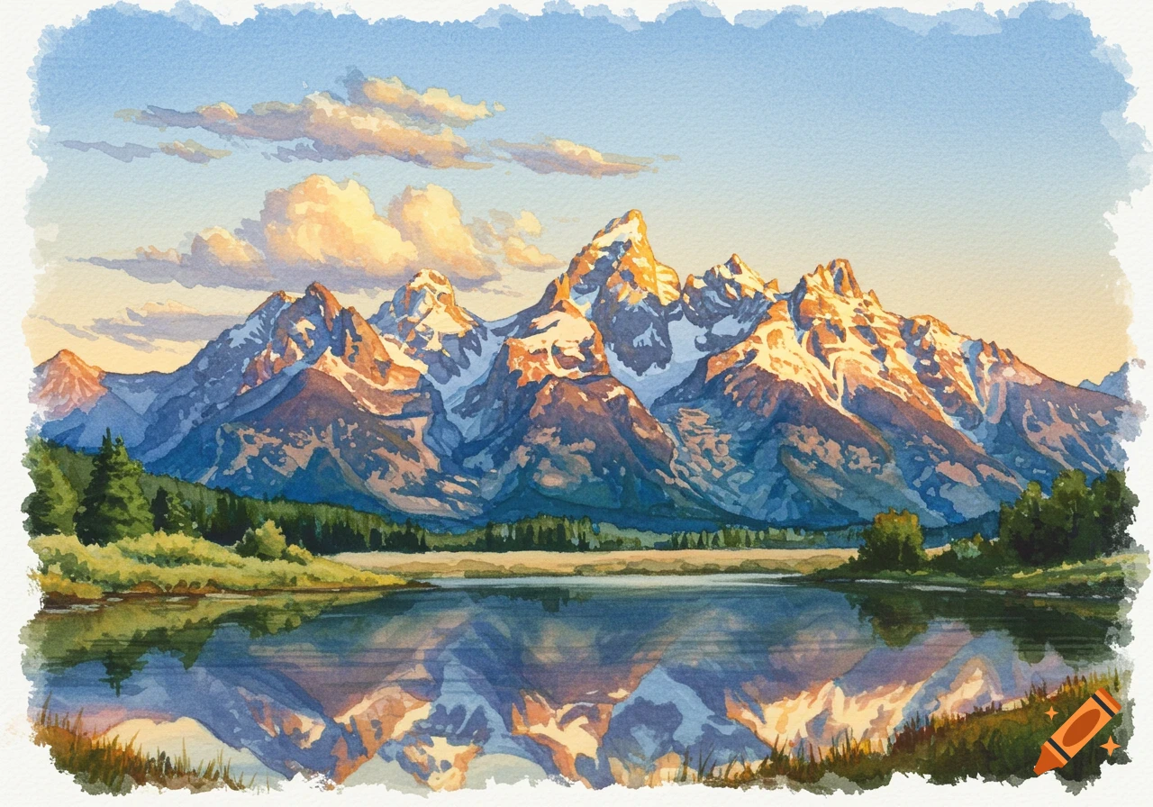 Watercolor painting of sunlit mountains reflecting in a still lake, surrounded by green trees and a clear sky with clouds.