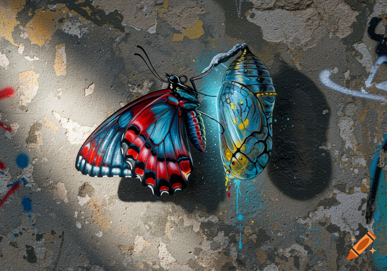 Photorealistic street art of a red and blue butterfly emerging from a chrysalis on a textured concrete wall.