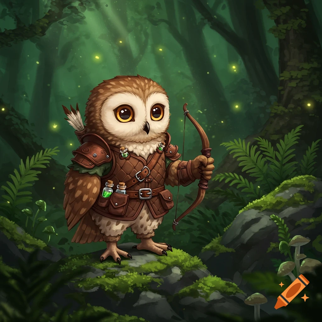 A cute owlin ranger character in leather armor holding a bow, standing in a magical forest with glowing fireflies.