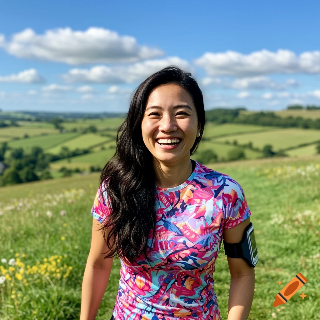 Photorealistic portrait of a smiling woman with long dark hair, wearing a colorful jogging shirt in a green, hilly countryside under a blue sky.