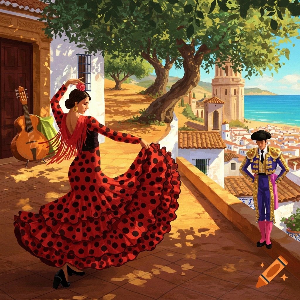 An illustration of a flamenco dancer in a red polka-dot dress posing on a sunny Spanish terrace, with a matador and a coastal town in the background.
