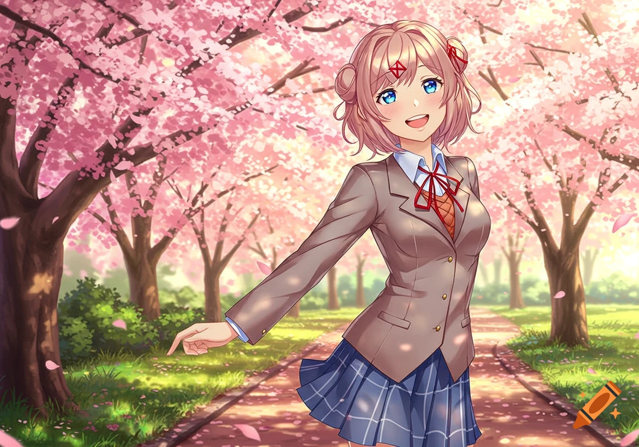 An anime girl with pink hair and blue eyes, wearing a school uniform, smiles in a cherry blossom park.