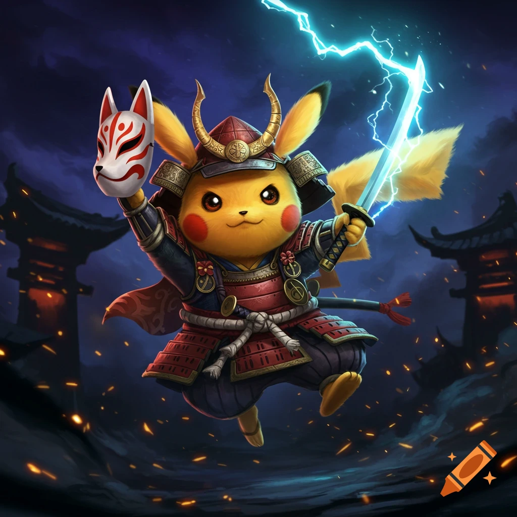 Pikachu as a samurai holding a kitsune mask and a lightning sword, jumping in a dark, stormy setting.