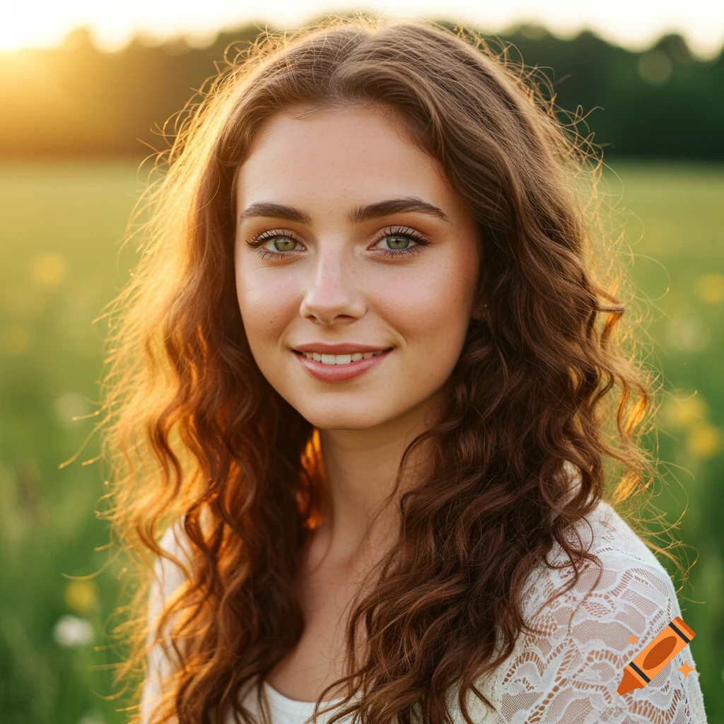 A smiling young woman with long, curly brown hair and green eyes stands in a sunny green field at sunset, looking directly at the viewer.