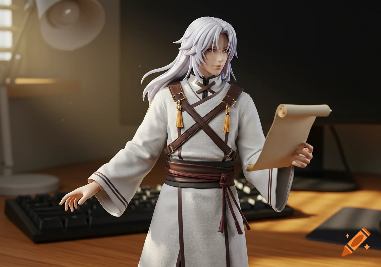 A photorealistic render of an anime-style figure with white hair in a white robe holding a scroll, standing on a wooden desk.