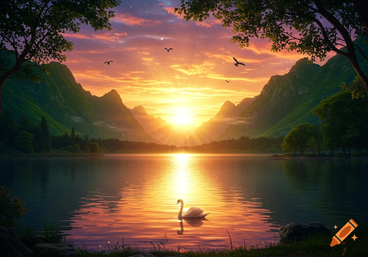 A swan floats on a tranquil lake reflecting a vibrant orange and purple sunset over distant mountains, with trees silhouetted against the sky.