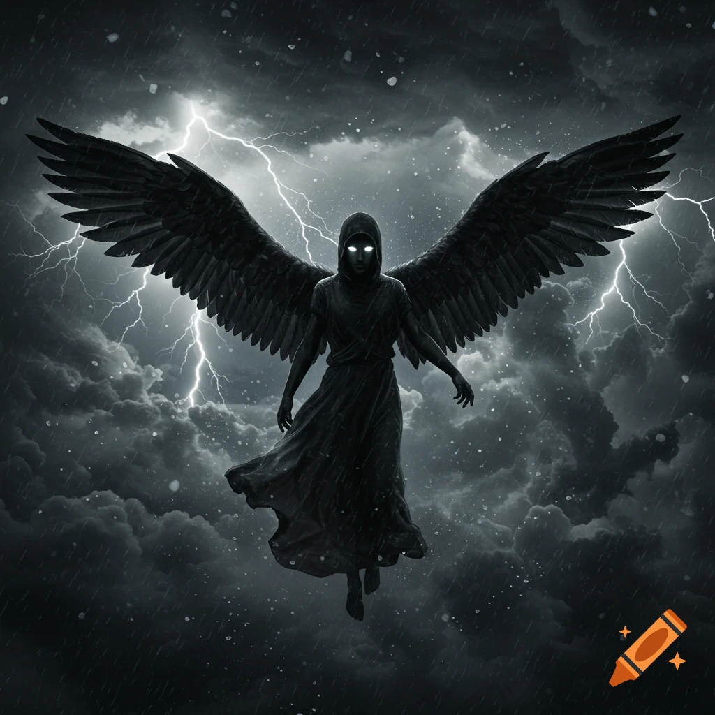 A dark angel with glowing eyes and large black wings flies through a severe hail storm with lightning in a dark night sky.