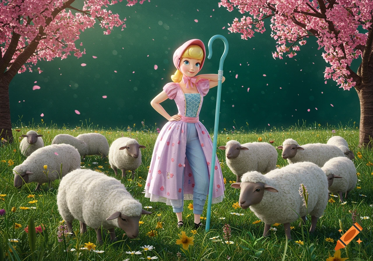 Bo Peep, in a pink dress and blue pants, stands with her crook among sheep in a vibrant spring field with pink cherry blossoms.