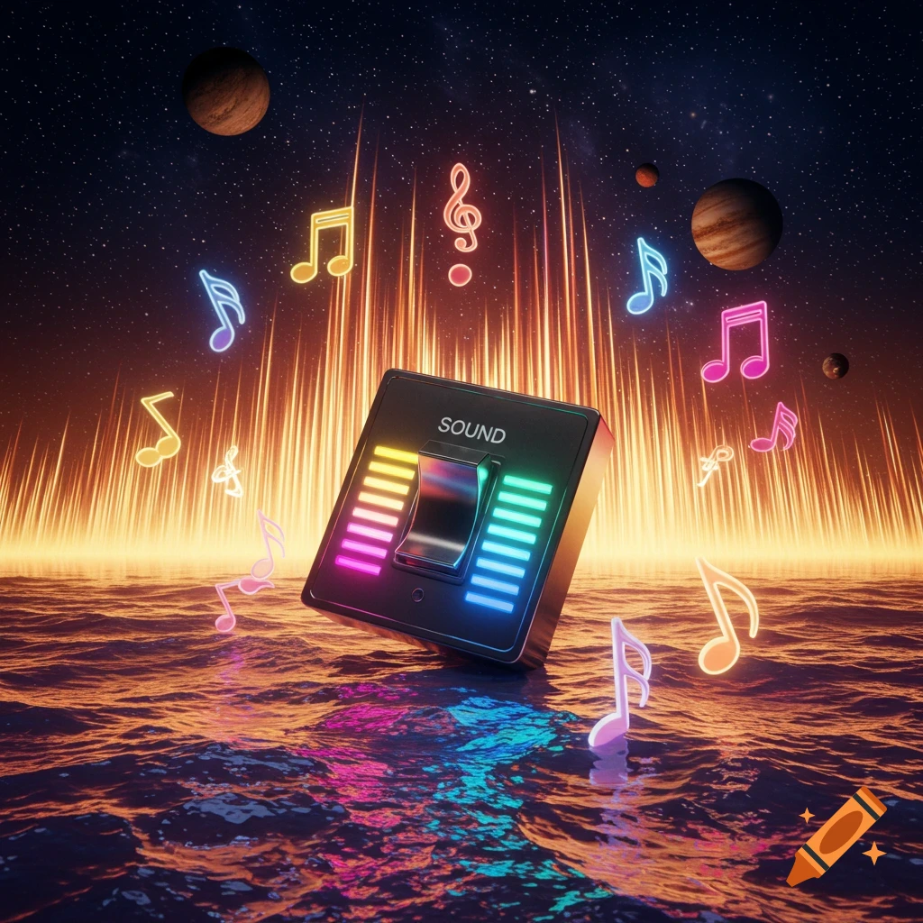 A glowing black sound switch floats on a neon ocean with floating musical notes under a starry sky with planets.