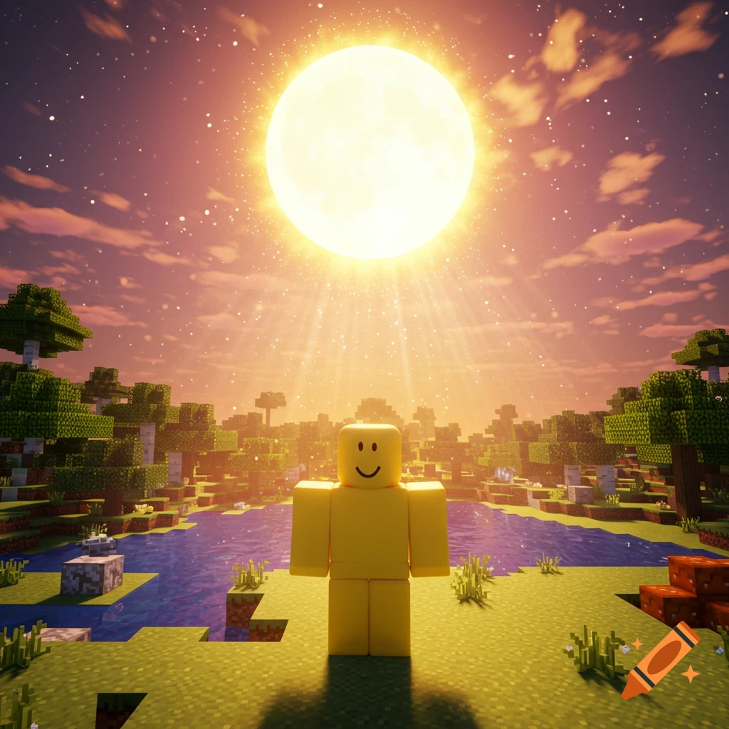 A yellow Roblox noob character stands in a blocky Minecraft world under a bright, glowing sun.