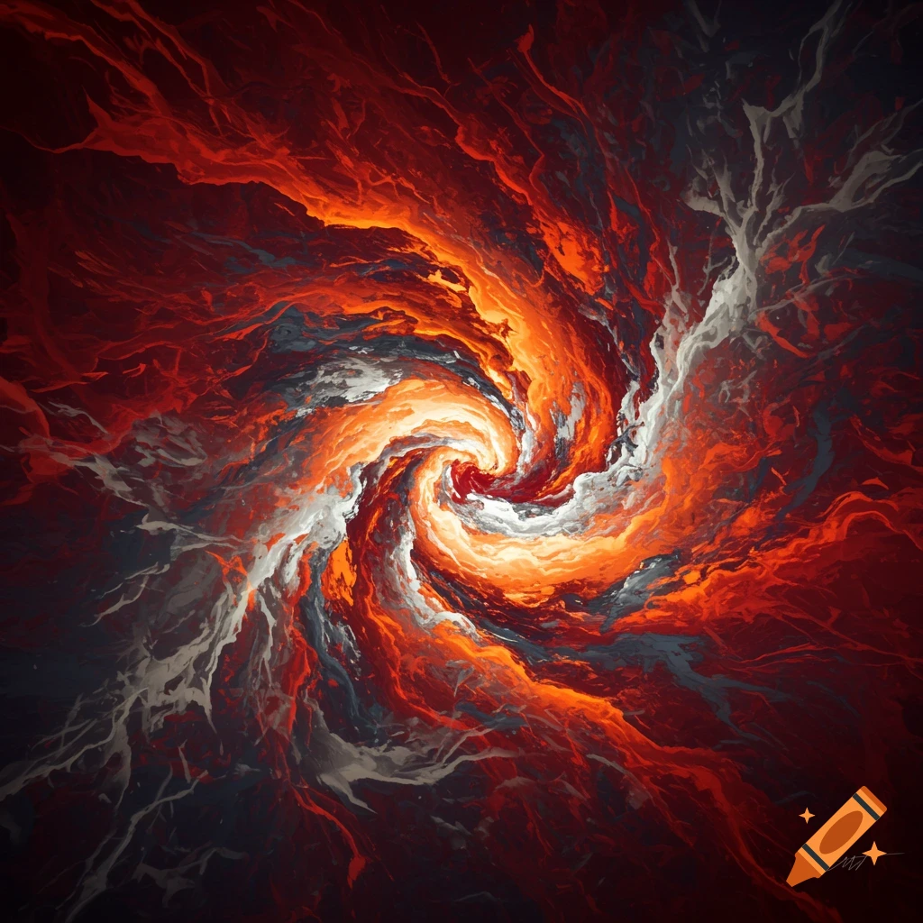 An abstract vibrant red, orange, white, and black swirling vortex of fire and energy.