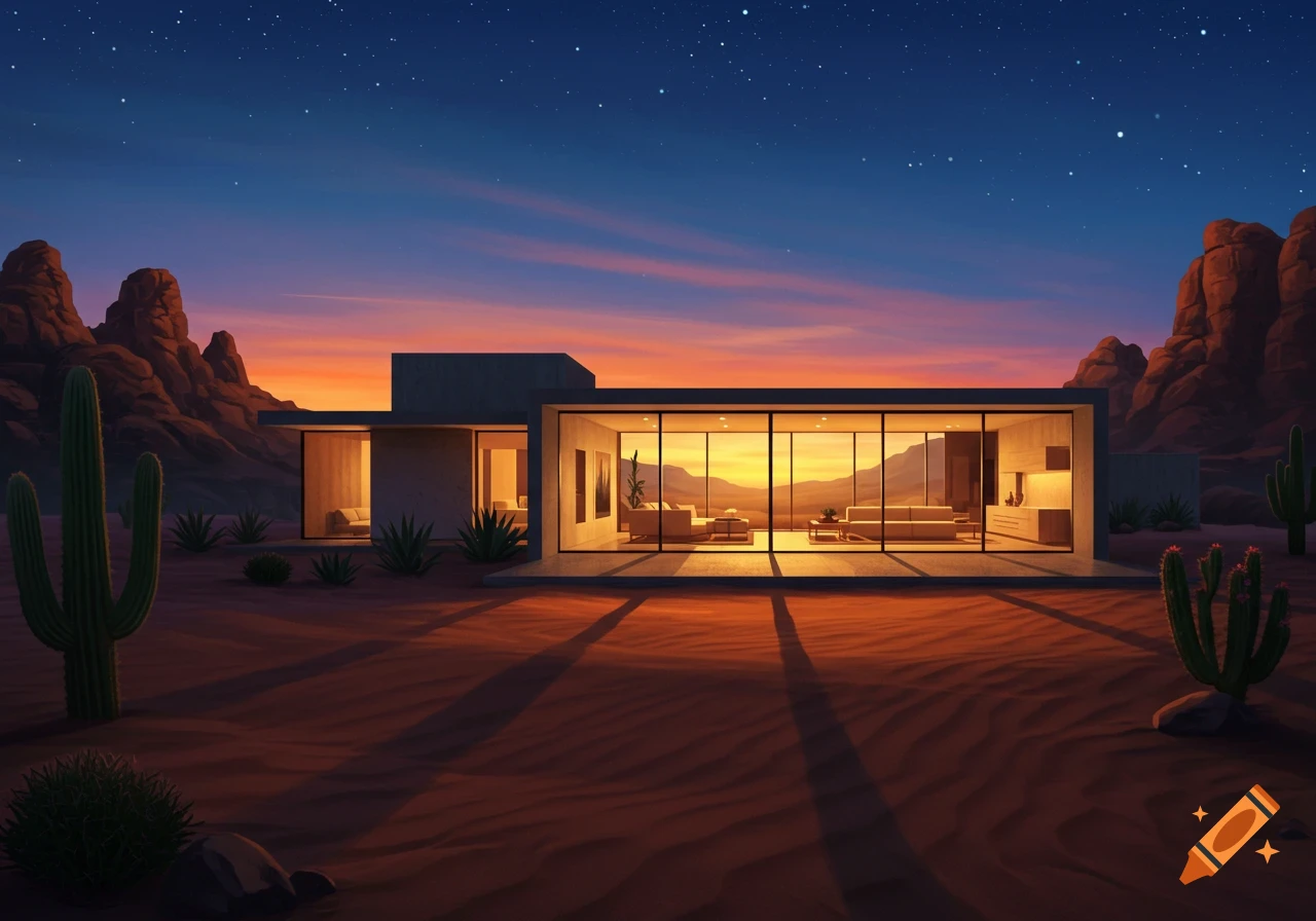 Modern desert home at sunset with large windows reflecting the sky, surrounded by mountains and cacti.
