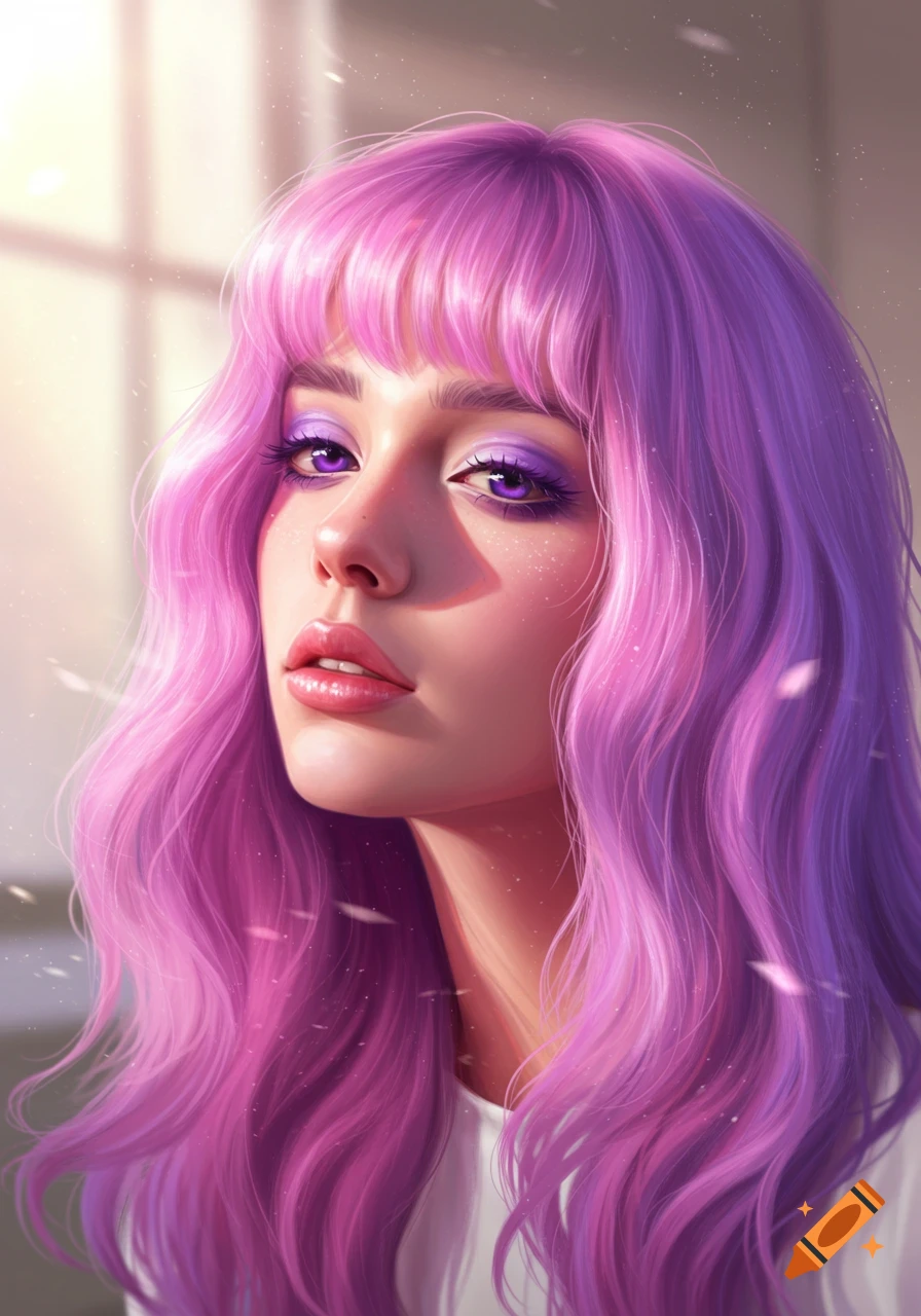 Close-up digital art portrait of a woman with vibrant pink and lavender hair and purple eyeshadow, illuminated by sunlight.