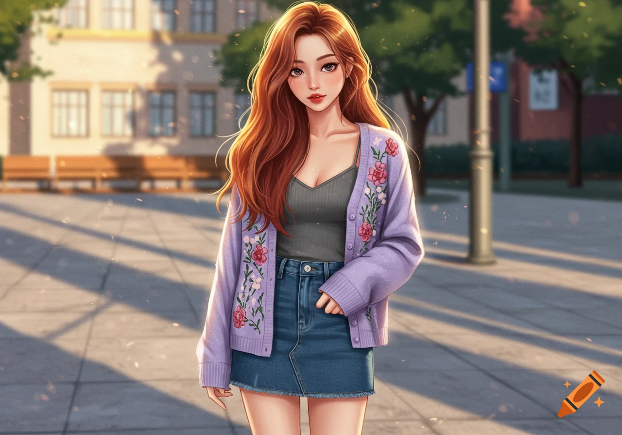 Anime style East Asian woman with long ginger hair, wearing a lavender embroidered cardigan, dark gray tank top, and jean skirt, standing outdoors on a sunny day.