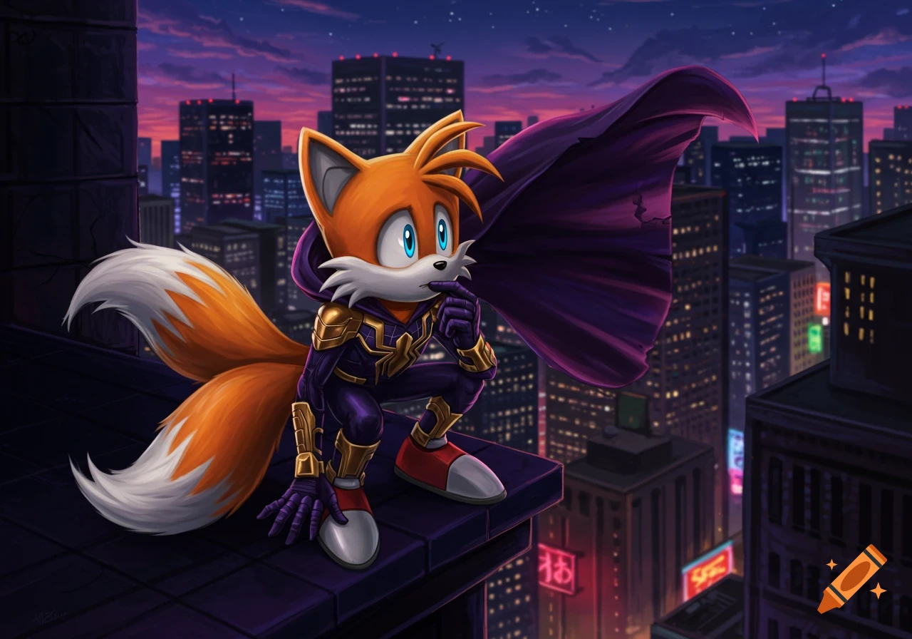 Tails from Sonic, dressed as a purple and gold superhero, crouches on a dark city rooftop at sunset.
