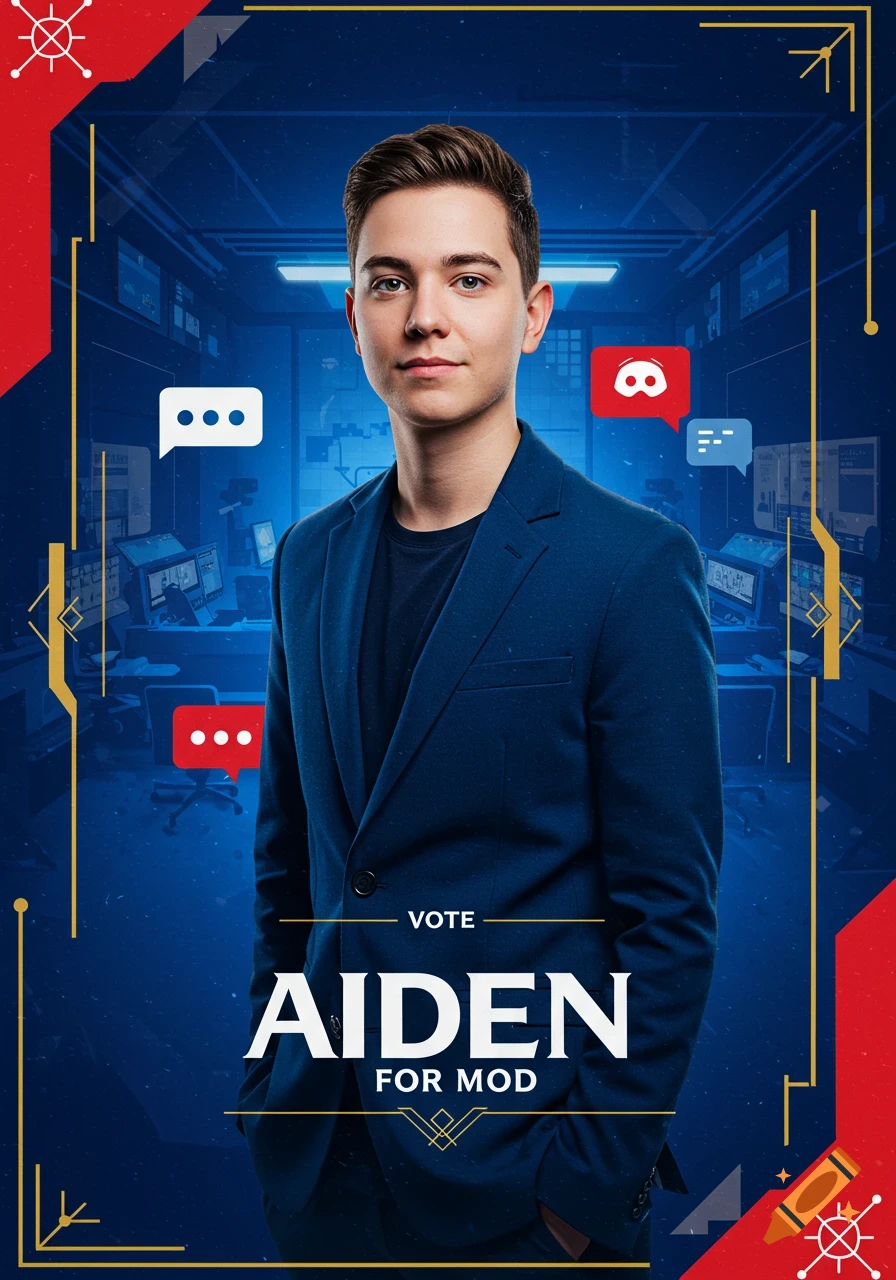 Photorealistic portrait of a young man on a blue and red digital campaign poster that reads 'VOTE AIDEN FOR MOD'.
