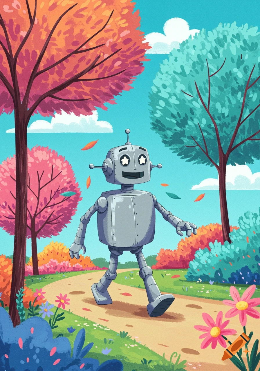 A friendly gray robot with star eyes walks on a path through a vibrant park with colorful trees and flowers in a cheerful cartoon style.