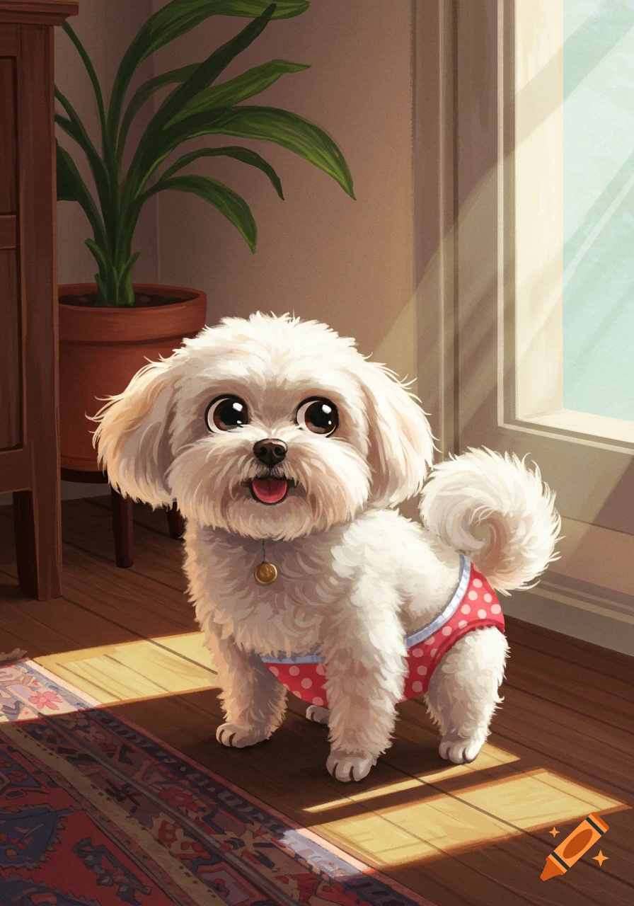 A cute fluffy white dog in red polka dot underpants smiles at the viewer, standing on a sunny wooden floor near a window, in an illustrated style.