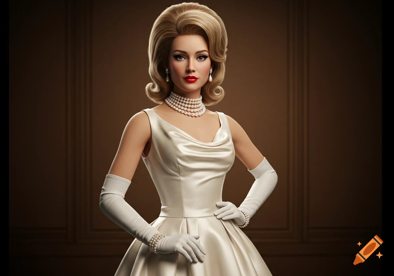 A retro-inspired woman with a 1960s hairstyle wears a white evening gown, long gloves, and pearl jewelry in a studio.