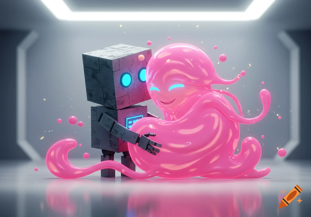 A cube-style robot hugs a pink amorphous blob creature in a bright, futuristic room.