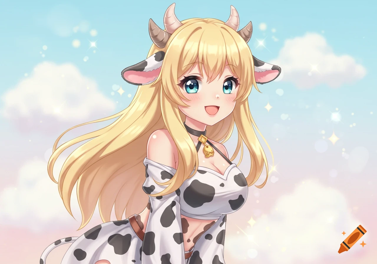 Anime cow girl character with long blonde hair, cow print outfit, and blue eyes against a pastel sky with clouds.