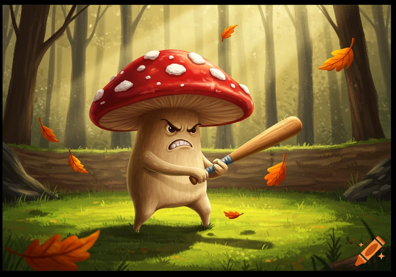 An angry cartoon mushroom in a forest holds a baseball bat while leaves fall.
