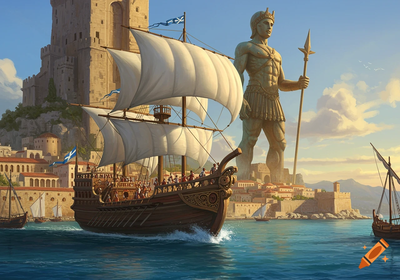 A large Greek quinquerime sails past the towering Colossus of Rhodes statue into an ancient harbor city.