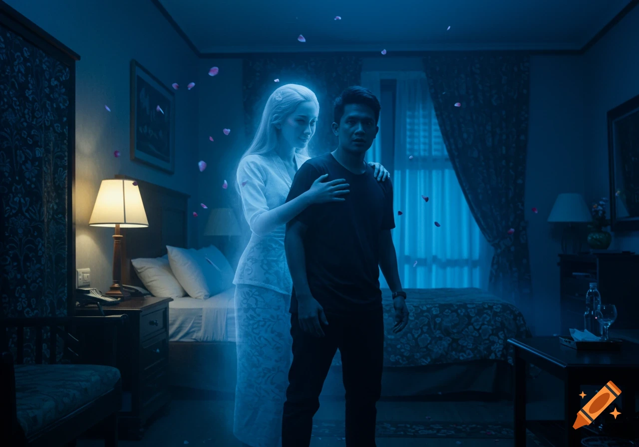 A man looks fearful as a glowing, ethereal ghost woman embraces him from behind in a dimly lit, blue-hued hotel room.